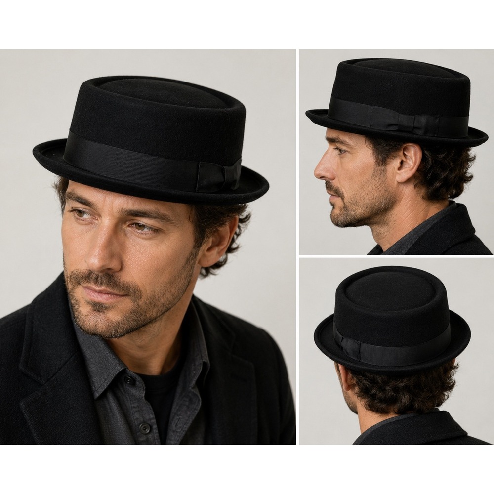 Villager by Braemar Mens Black 100% Wool Felt Pork Pie Hat Large Made in USA